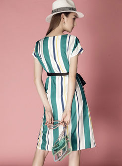 Stylish Striped Belt Split A Line Dress