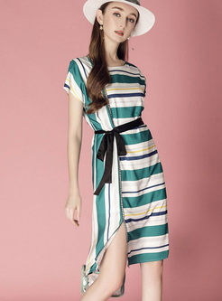 Stylish Striped Belt Split A Line Dress