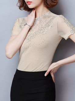 Apricot Embroidery Round Neck Stitching Top
