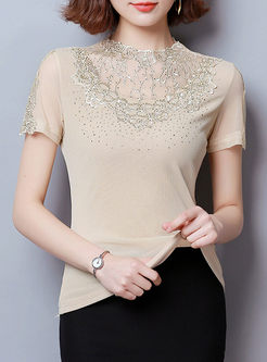Apricot Embroidery Round Neck Stitching Top