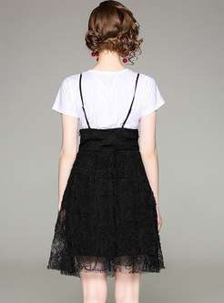 White Casual Spangle T-shirt & Black Lace Slip Dress