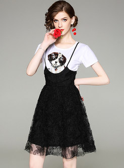 White Casual Spangle T-shirt & Black Lace Slip Dress