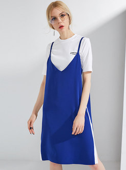 Blue Fashion All-match Straight Slip Dress