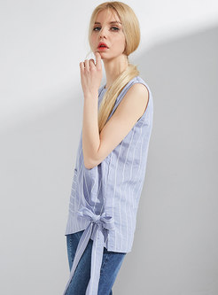 Blue Brief Striped Sleeveless Tied All-match Top