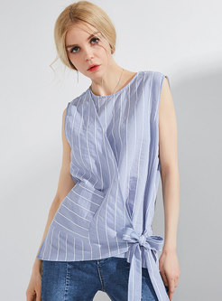 Blue Brief Striped Sleeveless Tied All-match Top