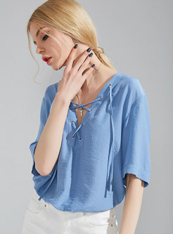 White Retro Lace-up V-neck Loose Top