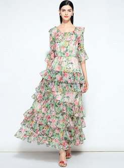 Elegant Floral Print Stitching Prom Dress