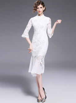 White Elegant Stand Collar Mermaid Dress