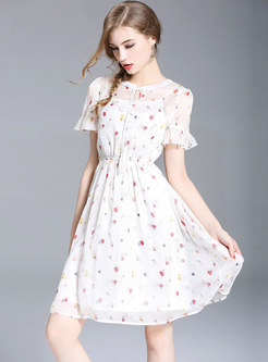 White Ruffle Sleeve Floral Print Chiffon Dress