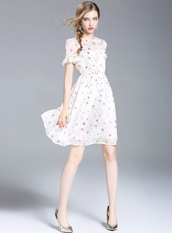 White Ruffle Sleeve Floral Print Chiffon Dress