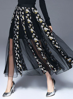 Black Floral See Through Mesh Skirt