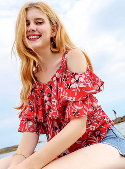 Red Off The Shoulder Chiffon Blouse
