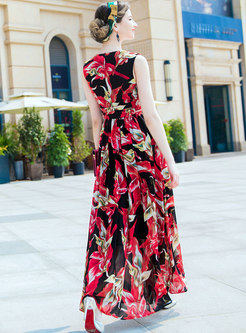 Floral Print V-neck Slim Maxi Dress