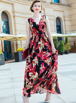 Floral Print V-neck Slim Maxi Dress