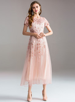 Pink Embroidered Big Hem Bridesmaid Dress