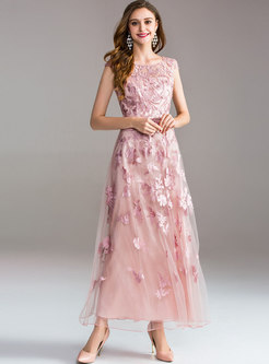 Elegant Gauze Embroidery Big Hem Prom Dress