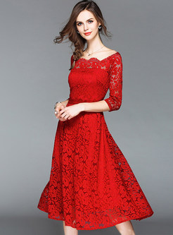 Red Slash Neck Lace Dress