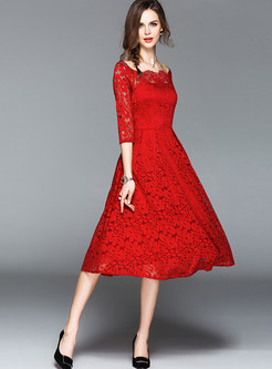 Red Slash Neck Lace Dress