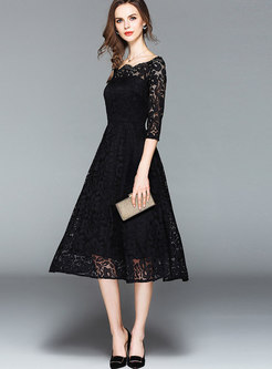 Off-the-shoulder Swing Lace Midi Cocktail Dress