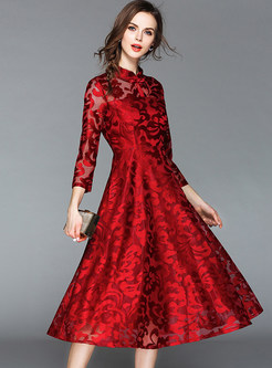 Wine Red Hollow Out Midi Dress