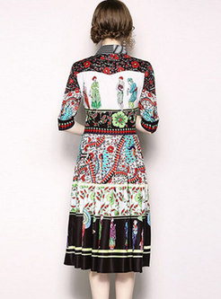 Ethnic Printing Lapel Waist Midi Dress