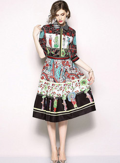 Ethnic Printing Lapel Waist Midi Dress