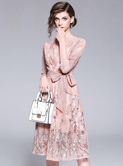 Pink Embroidery V-neck Belted A Line Dress