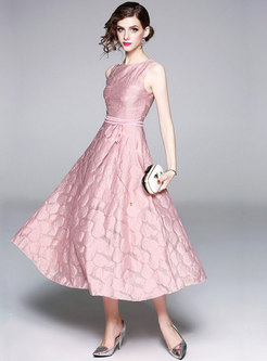 Pink Jacquard Sleeveless Belted A Line Dress