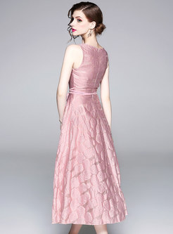 Pink Jacquard Sleeveless Belted A Line Dress