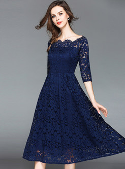 Navy Blue Hollow Out Lace Dress