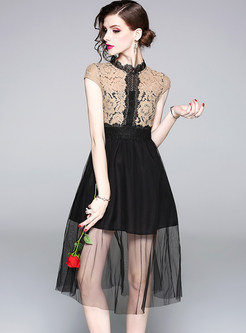 Lace Splicing Contrast Color Midi Dress