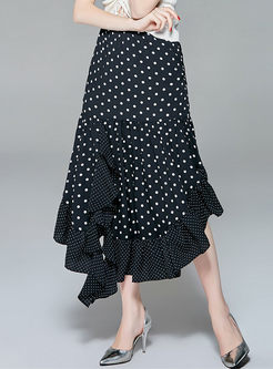 Black Falbala Asymmetric Dot Print Skirt