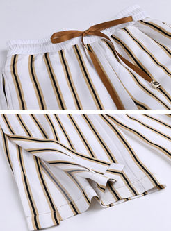 Yellow Tied All-match Striped Straight Pants