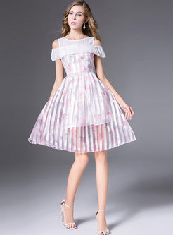Sweet Floral Print Off The Shoulder Striped Dress