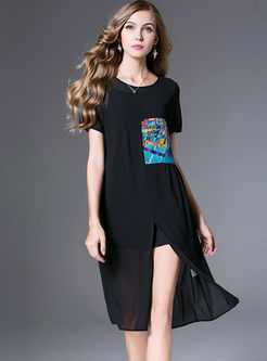 Black Round Neck Print Split Dress With Black Slip Dress
