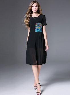 Black Round Neck Print Split Dress With Black Slip Dress