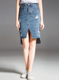 Fashion Asymmetric Hole Split Denim Skirt