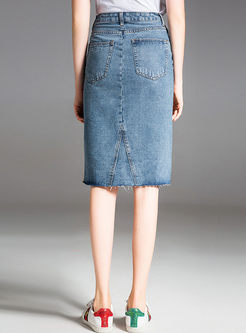 Fashion Asymmetric Hole Split Denim Skirt