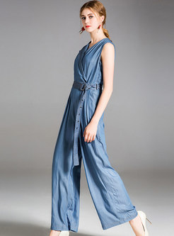 Casual Belted Cotton Notched Wide Leg Jumpsuit