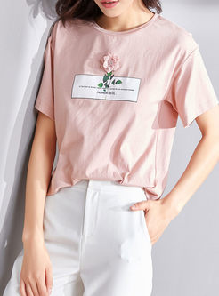 Pink Letter Print Flower Decoration Cotton T-shirt