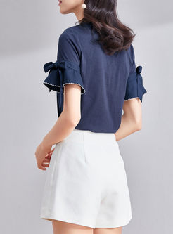 White Brief Tied Bowknot Flare Sleeve Cotton T-shirt