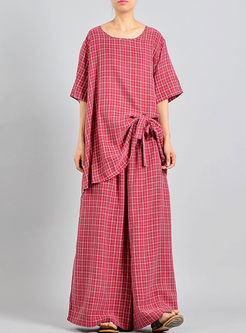 Red Casual Plaid Bowknot Top & Plaid Wide Leg Pants