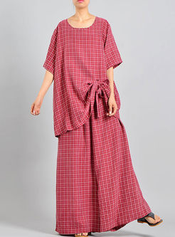 Red Casual Plaid Bowknot Top & Plaid Wide Leg Pants