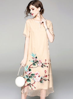 Khaki Elegant Floral Embroidery Big Hem Shift Dress