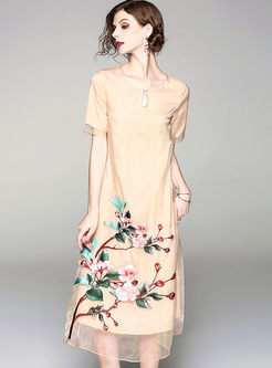 Khaki Elegant Floral Embroidery Big Hem Shift Dress