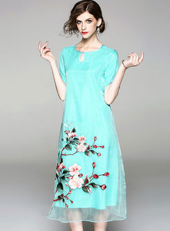 Blue Elegant Floral Embroidery Big Hem Shift Dress