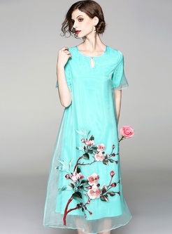 Blue Elegant Floral Embroidery Big Hem Shift Dress