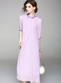 Fashion Purple Stand Collar Big Hem Shift Dress