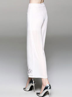 White Casual Embroidery Wide Leg Pants