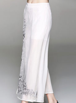 White Casual Embroidery Wide Leg Pants